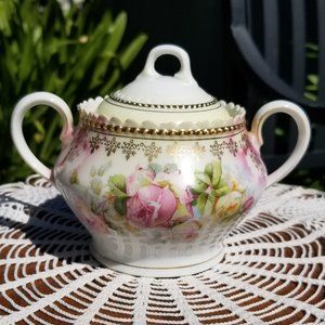 Antique P.K. Silesia Porcelain Floral Sugar Bowl Lid Handles Gold Trim Roses